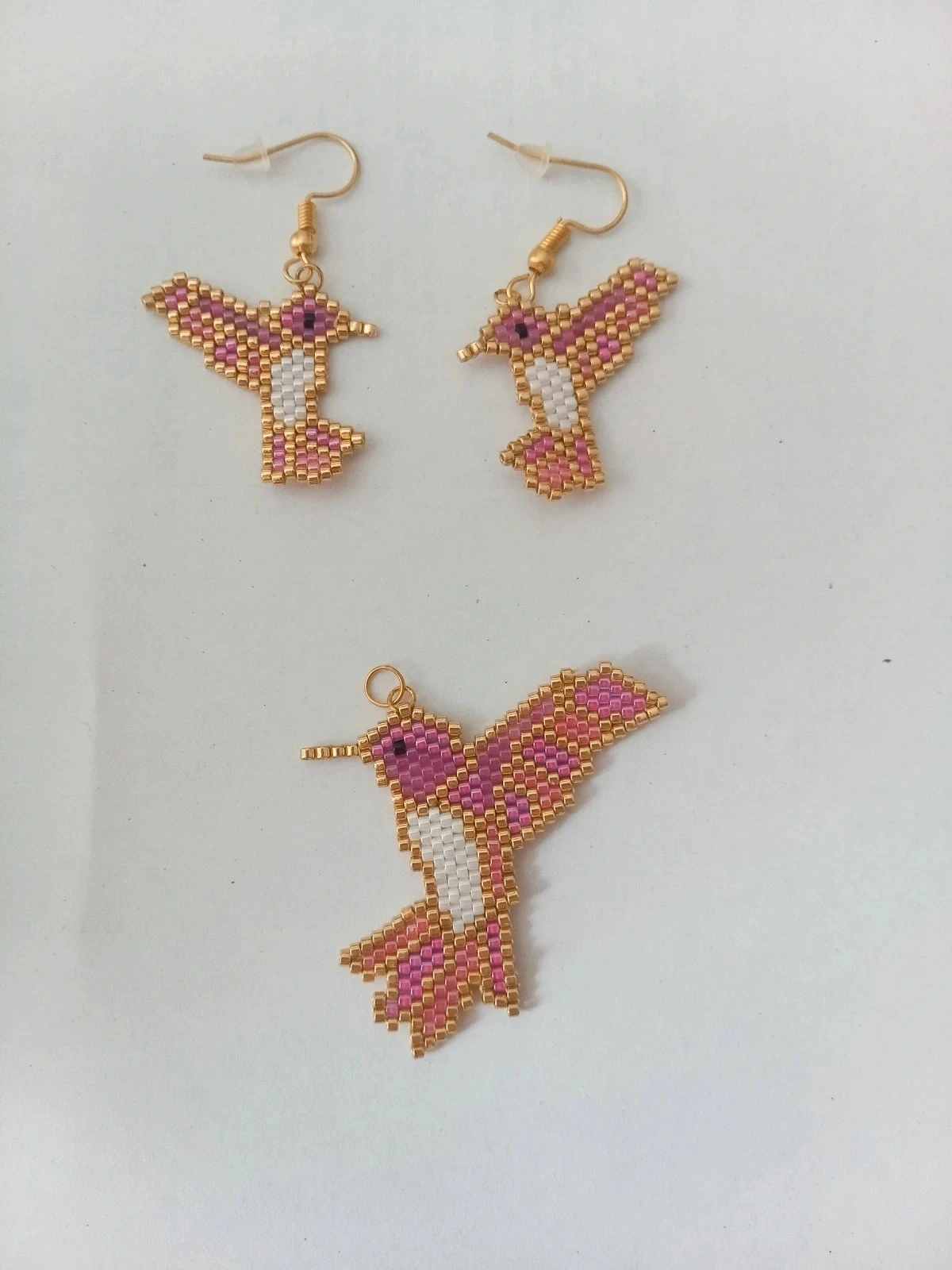 Parure bijoux colibri en perles miyuki delica – Boucles d'oreilles et Pendentif